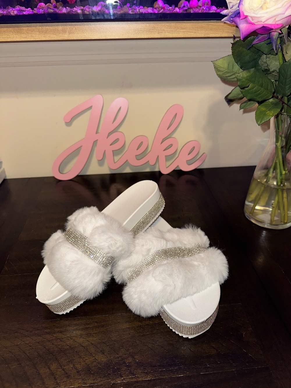 White Faux Fur Rhinestone Platform Slide Sandals sizes 5, 6, 7.5, 8, 9
